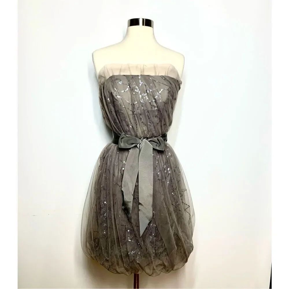 Vera Wang White Strapless Sequin Tulle Dress Sparkle Gray Bubble Hem Women 0 NWT